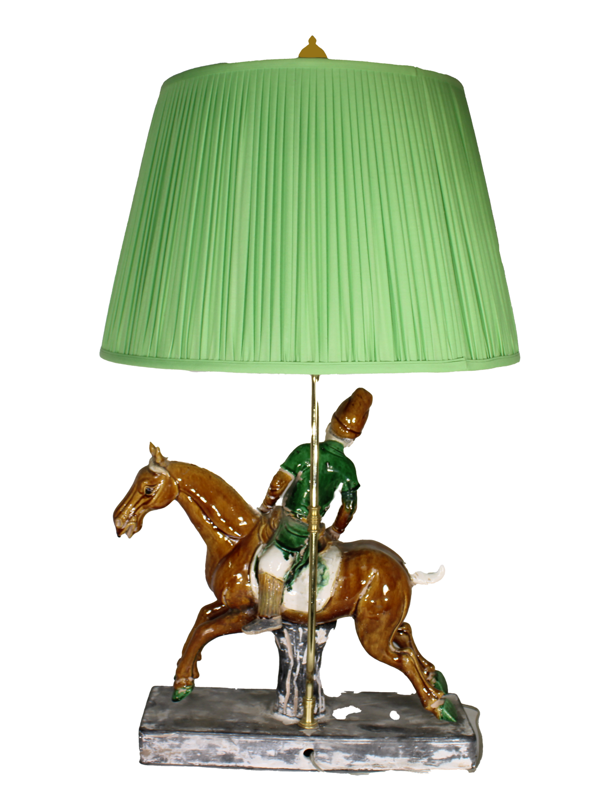Tang Sancai (Tri-Color) Horse Lamp with Rider including Shade and Finial