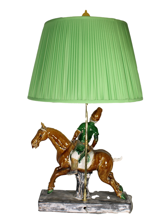 Tang Sancai (Tri-Color) Horse Lamp with Rider including Shade and Finial