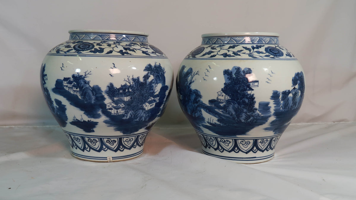 Blue and White Vase with House Scenery Decal