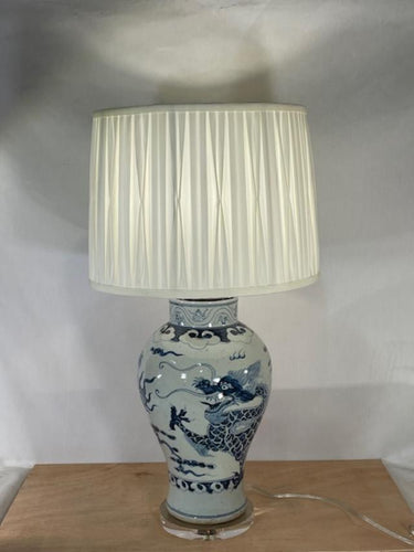Blue/White Dragon Open Vase Lamp W/ Shade