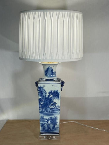 Blue / White Square Landscape Vase Lamp w/ Shade