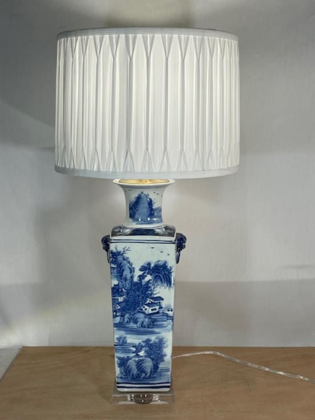 Blue / White Square Landscape Vase Lamp w/ Shade