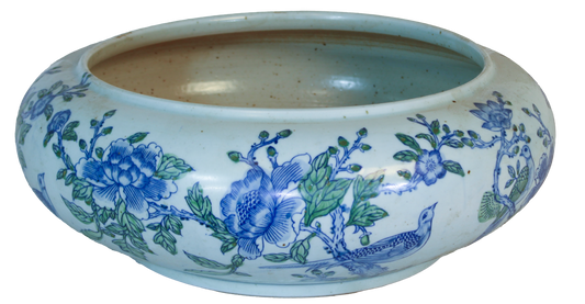 Blue and Green Two Color Peony and Bird Motif Goldfish Basin Planter