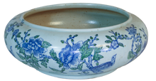 Load image into Gallery viewer, Blue and Green Two Color Peony and Bird Motif Goldfish Basin Planter