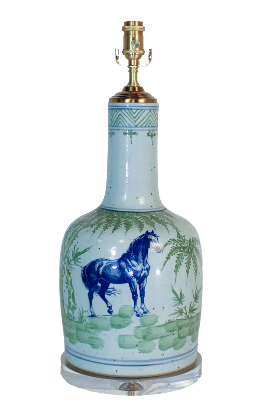 Blue and Green Two Color Horse Nature Scene Mallet Vase Lamp