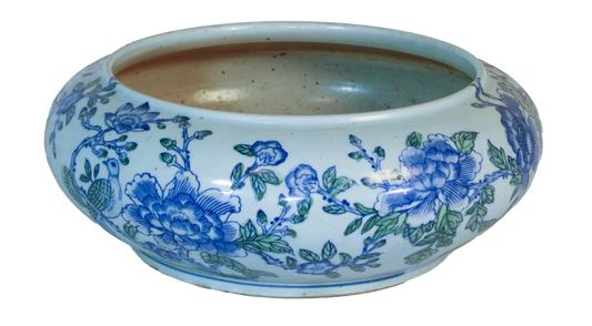 Blue and Green Two Color Peony and Bird Motif Goldfish Basin Planter