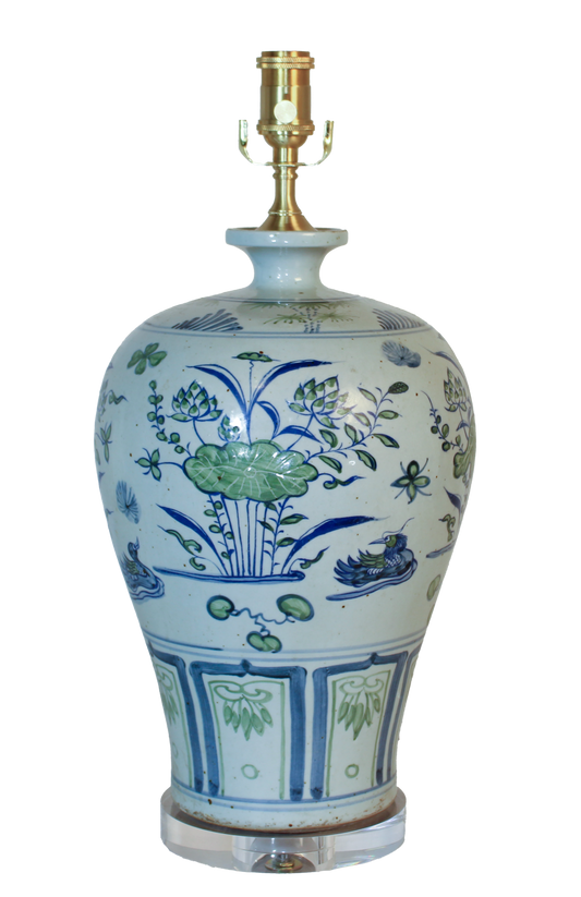 Blue and Green Two Color Water Fowl and Plants Bird and Flower Meiping Vase Lamp