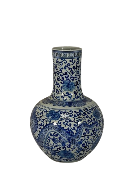 BLUE AND WHITE GLOBE VASE - DRAGONS & FLORAL PATTERN