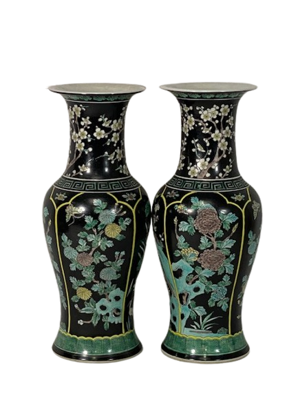 A Pair of Vases with Plain-Three Color Decor on Black Base