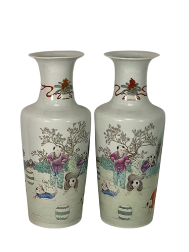 A PAIR OF FAMILLE ROSE 'BOYS' MALLET VASES