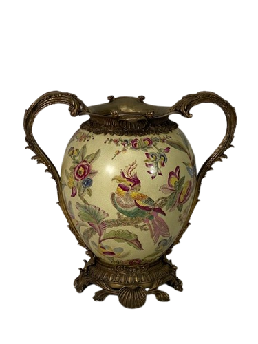 Aqueous floral and bird on aqua vase with heavy brass overlay handles