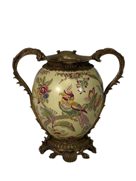 Aqueous floral and bird on aqua vase with heavy brass overlay handles