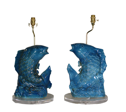 A Pair of Blue Koi Lamps
