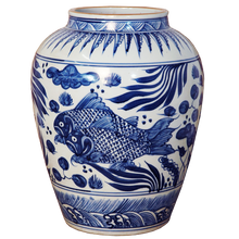 Load image into Gallery viewer, Blue and White Vase with Fish Decal