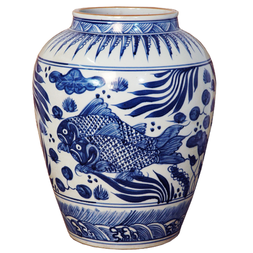 Blue and White Vase with Fish Decal