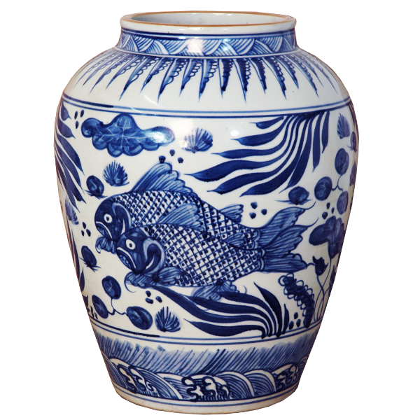 Blue and White Vase with Fish Decal