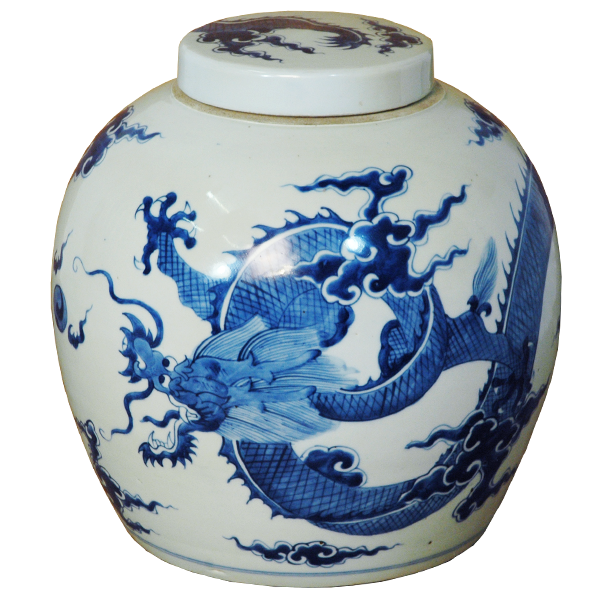 Lidded Ginger Jar with Blue Dragon Design