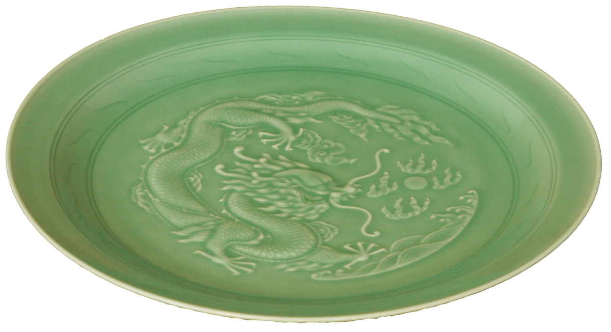 Green Celadon Plate with Dragon Carving
