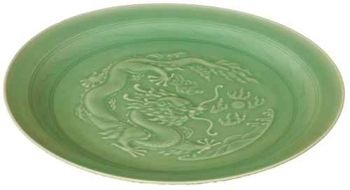 Green Celadon Plate with Dragon Carving