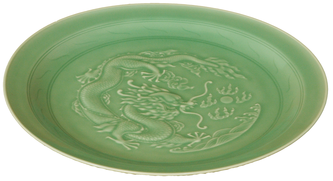 Green Celadon Plate with Dragon Carving
