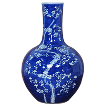 Load image into Gallery viewer, Blue Globe Vase with White Floral Decal