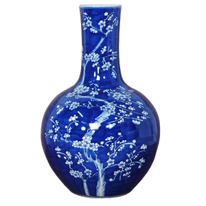 Blue Globe Vase with White Floral Decal