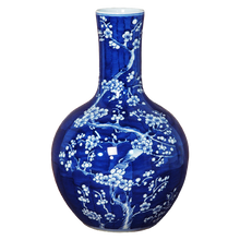 Load image into Gallery viewer, Blue Globe Vase with White Floral Decal