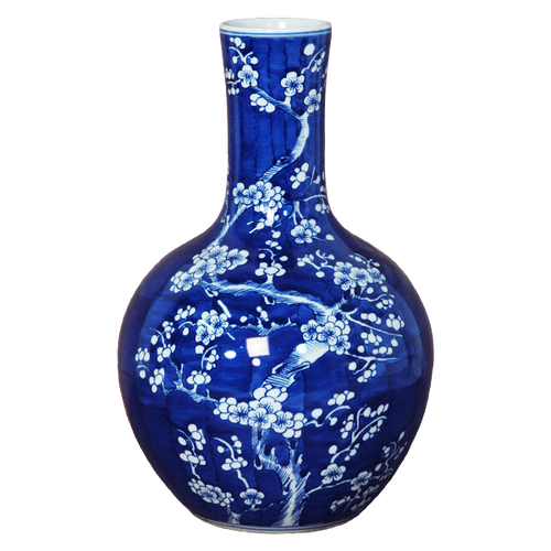 Blue Globe Vase with White Floral Decal