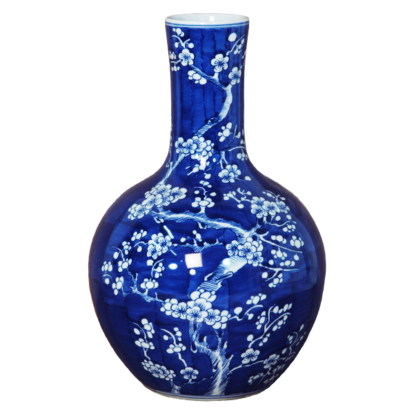 Blue Globe Vase with White Floral Decal