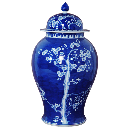 Blue Vase with White Floral Decal and Lid