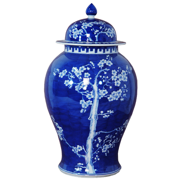 Blue Vase with White Floral Decal and Lid