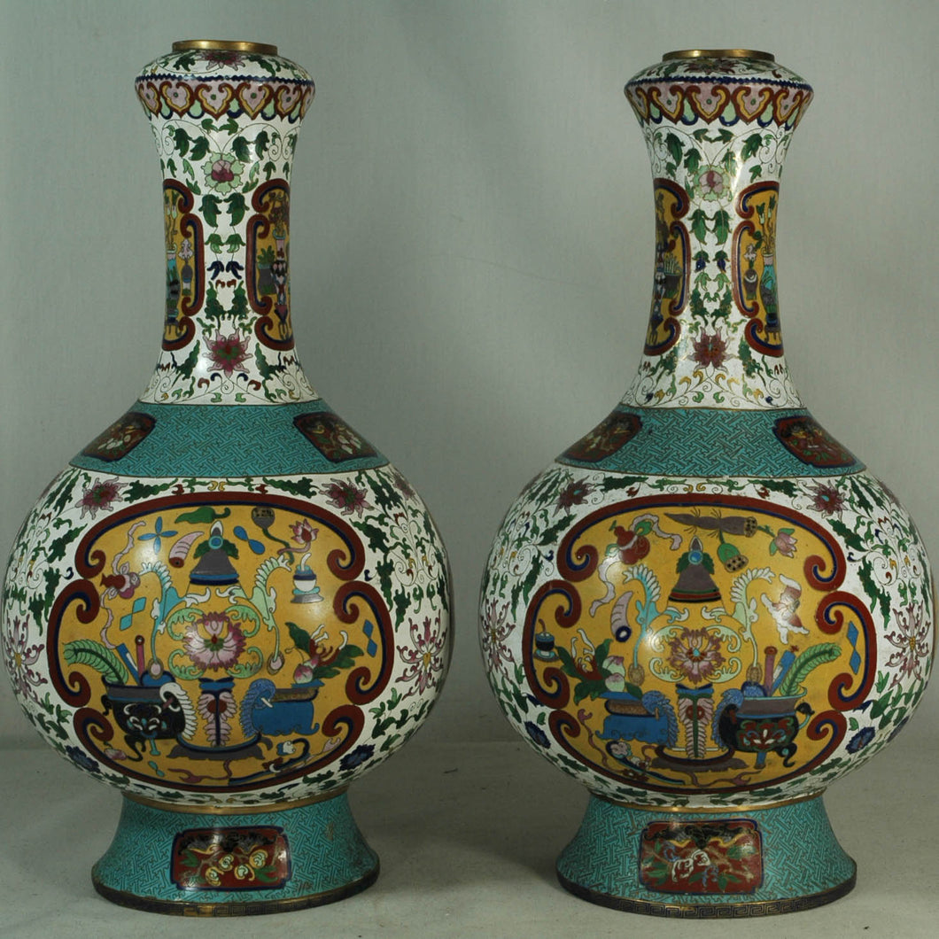 Cloisonne Globe Vases with Open Window Designs (Pair)