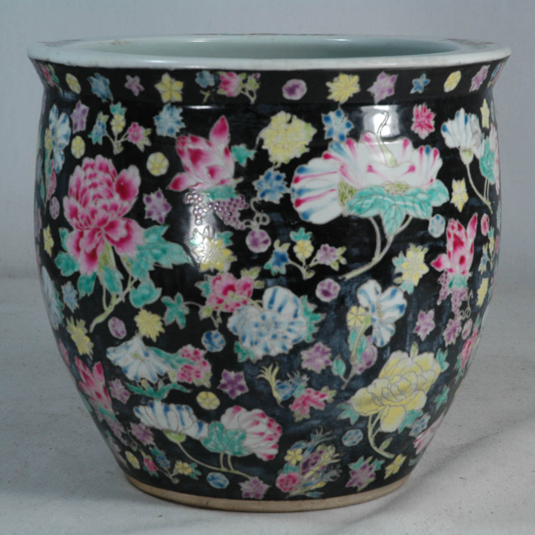 Small Black Planter with Famille Rose Flower Design