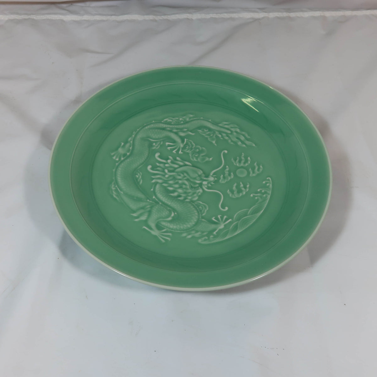 Green Celadon Plate with Dragon Carving