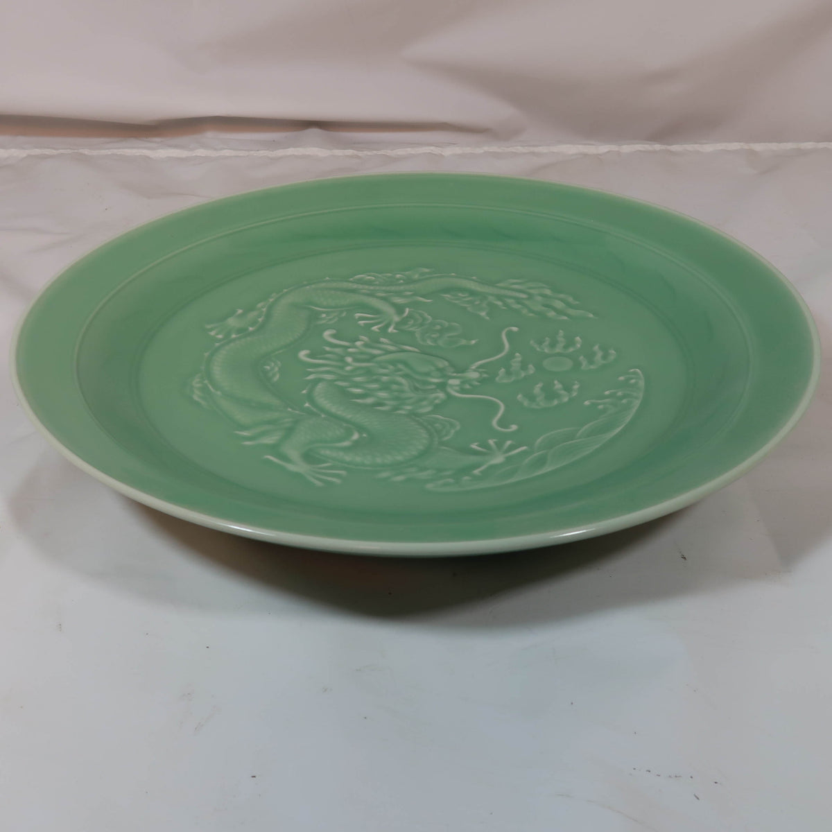 Green Celadon Plate with Dragon Carving