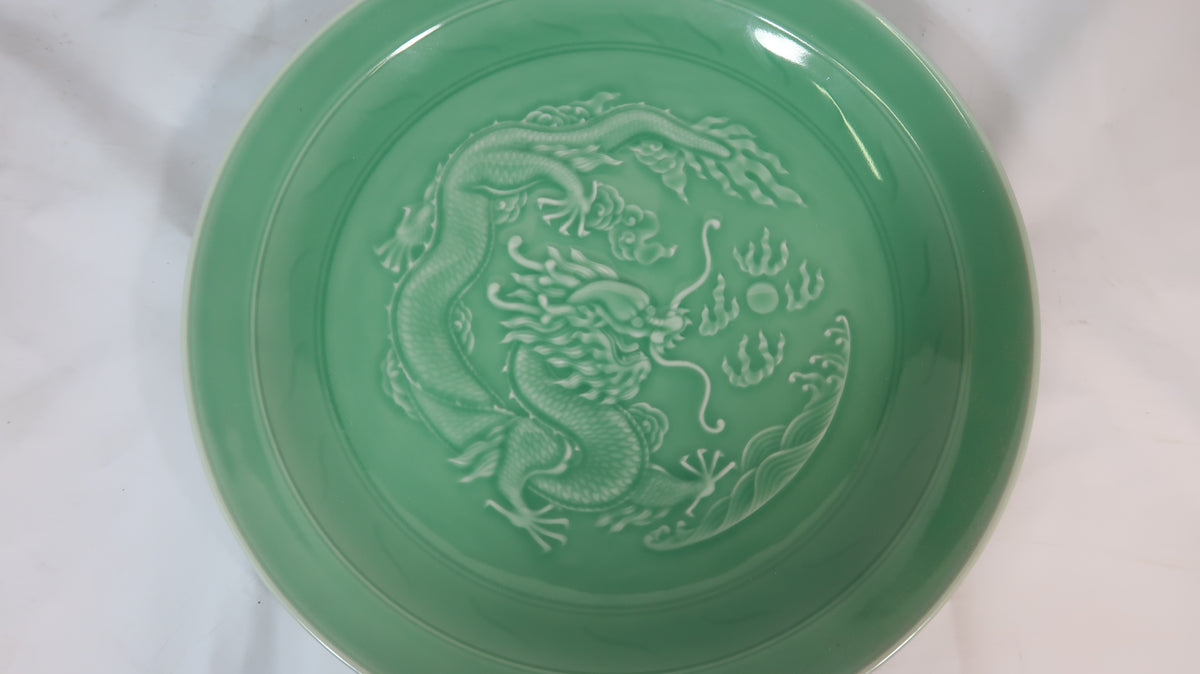 Green Celadon Plate with Dragon Carving