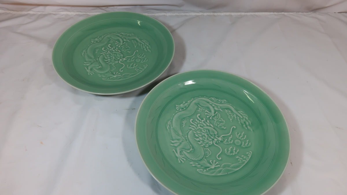 Green Celadon Plate with Dragon Carving