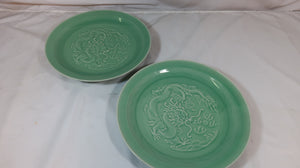 Green Celadon Plate with Dragon Carving