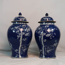 Load image into Gallery viewer, Blue Vase with White Floral Decal and Lid