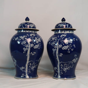 Blue Vase with White Floral Decal and Lid