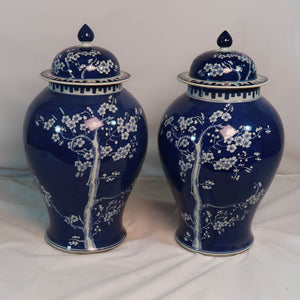 Blue Vase with White Floral Decal and Lid