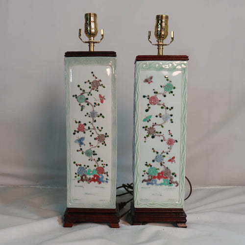 Square Light Green Vase with Open Window, People, and Floral Decal in Famille Rose (Pair)