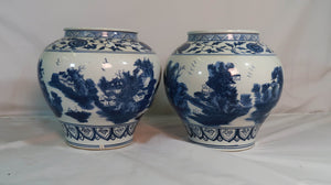 Blue and White Vase with House Scenery Decal