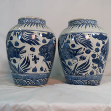 Load image into Gallery viewer, Blue and White Vase with Fish Decal
