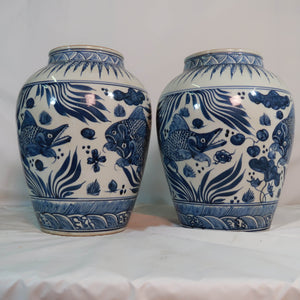 Blue and White Vase with Fish Decal