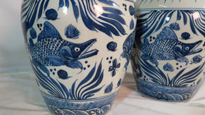Blue and White Vase with Fish Decal